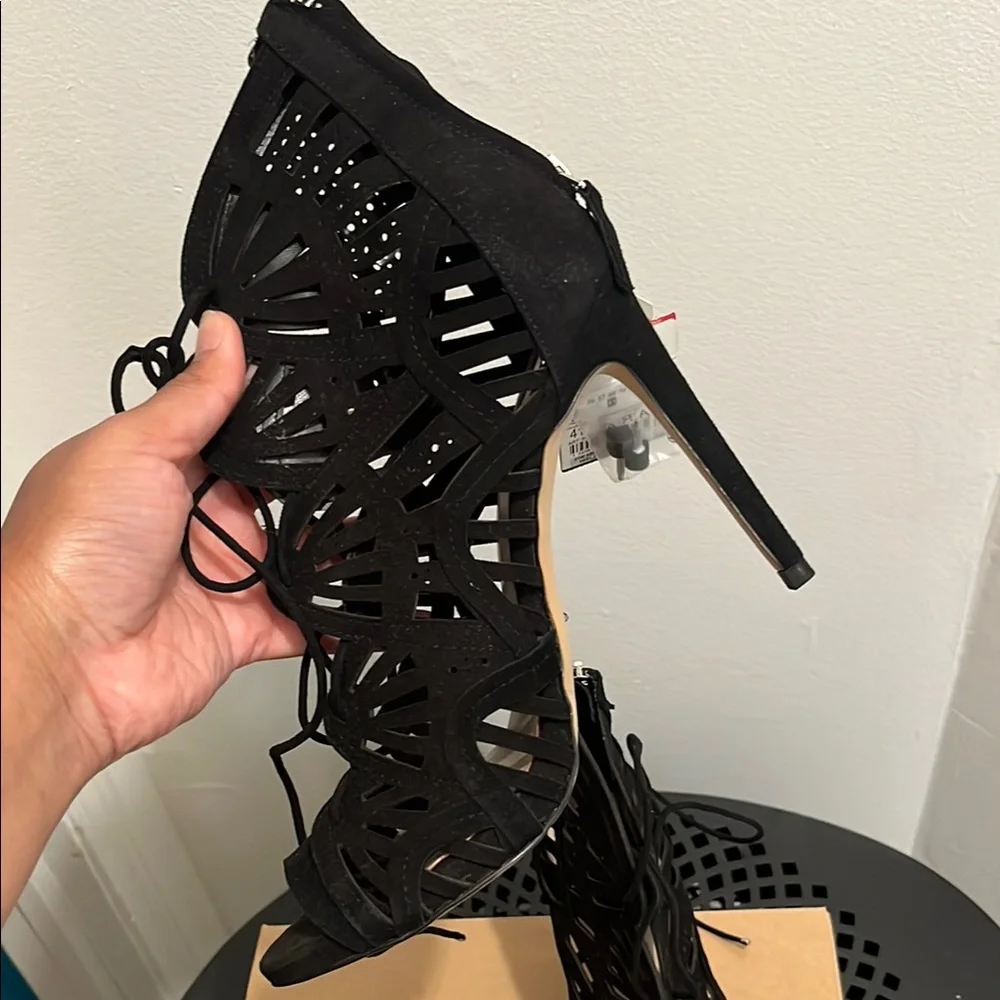 Zara Black Leather/Suede Lace-Up Heels